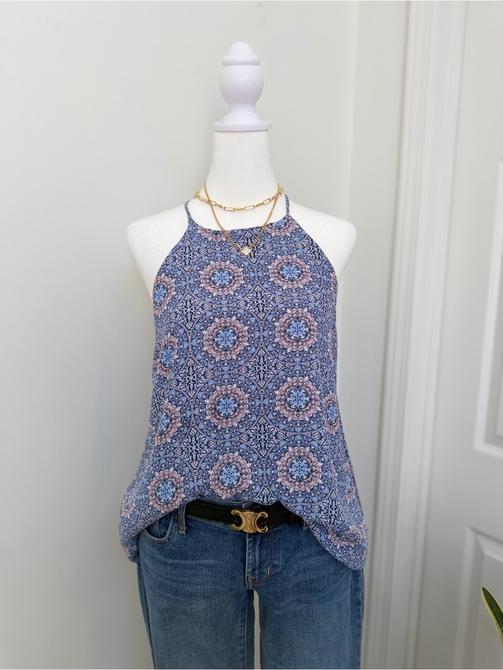 Paper Crane Medallion Print Halter Tank Top Blue Pink Boho Flowy Medium - Picture 2 of 9